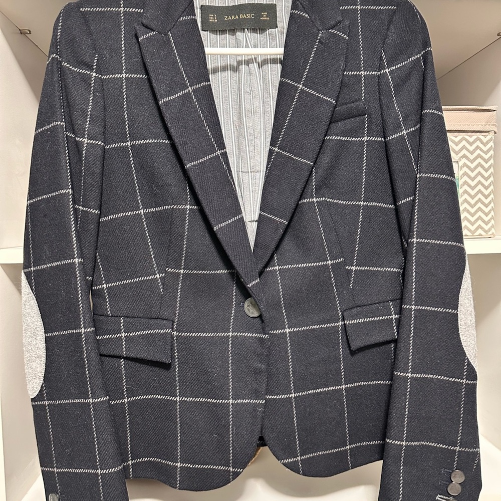 Zara Basic Blue and White Plaid Blazer